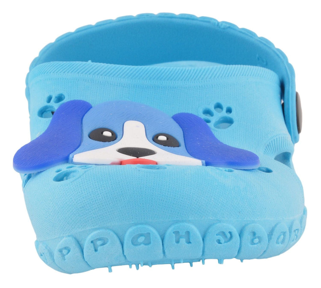 Close-Up of Boys' Light Blue Clogs with Puppy Face Detail