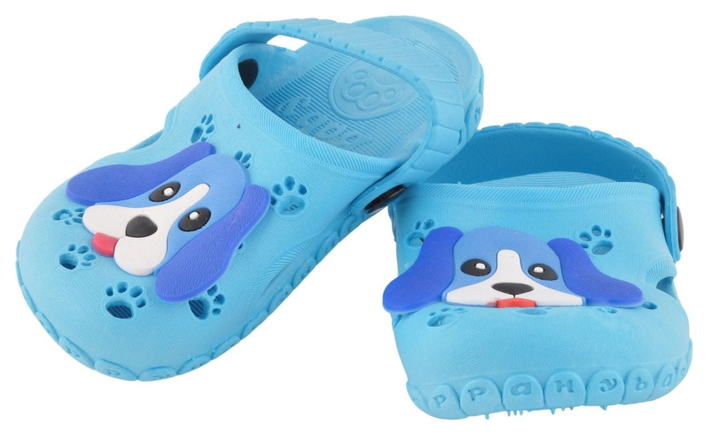 Full View of Boys' Light Blue Puppy Pattern Clogs