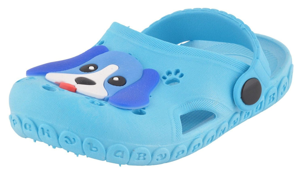 Side Angle View of Light Blue Puppy Pattern Clogs for Boys