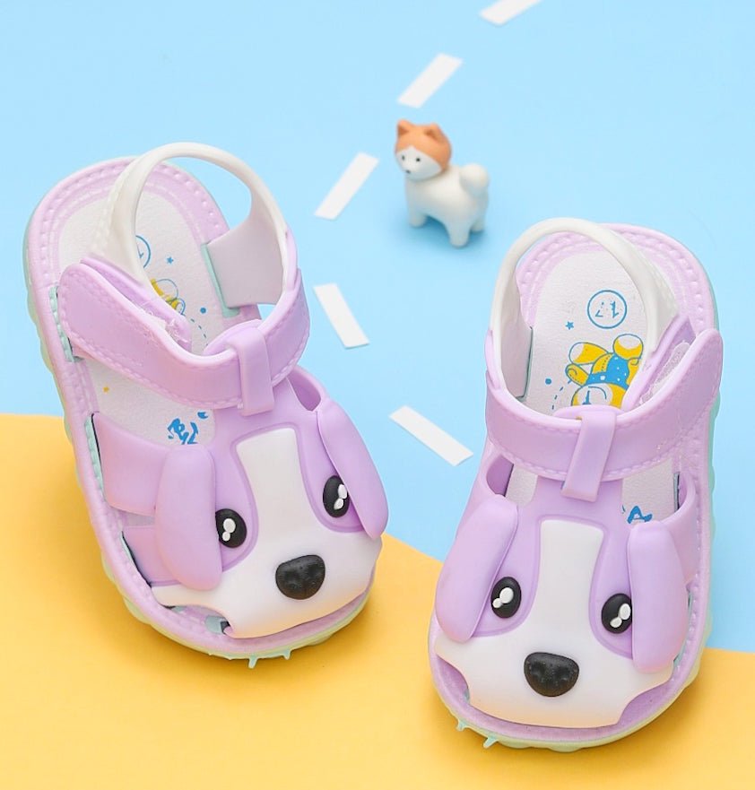 Kids' Purple Puppy Applique Sandals with a white puppy face and adjustable strap