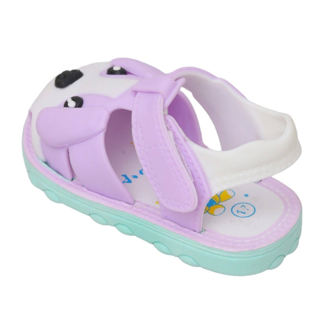 "Lateral view of the Purple Puppy Applique Sandal with a detailed puppy face and secure fit.