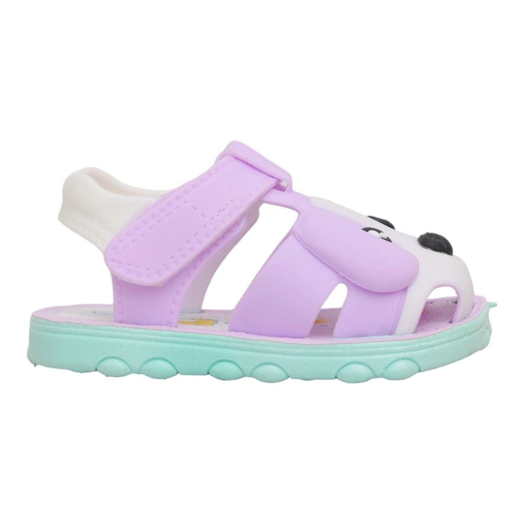 Profile view of the Purple Puppy Applique Sandal showing the side buckle and soft insole for kids.