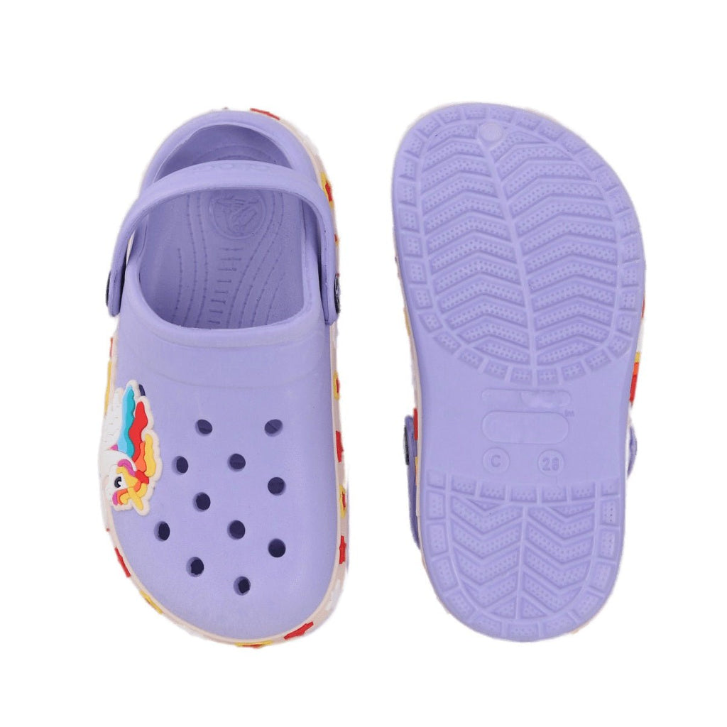 Top and sole view of kids' unicorn-themed clogs showing the anti-slip design and playful pattern