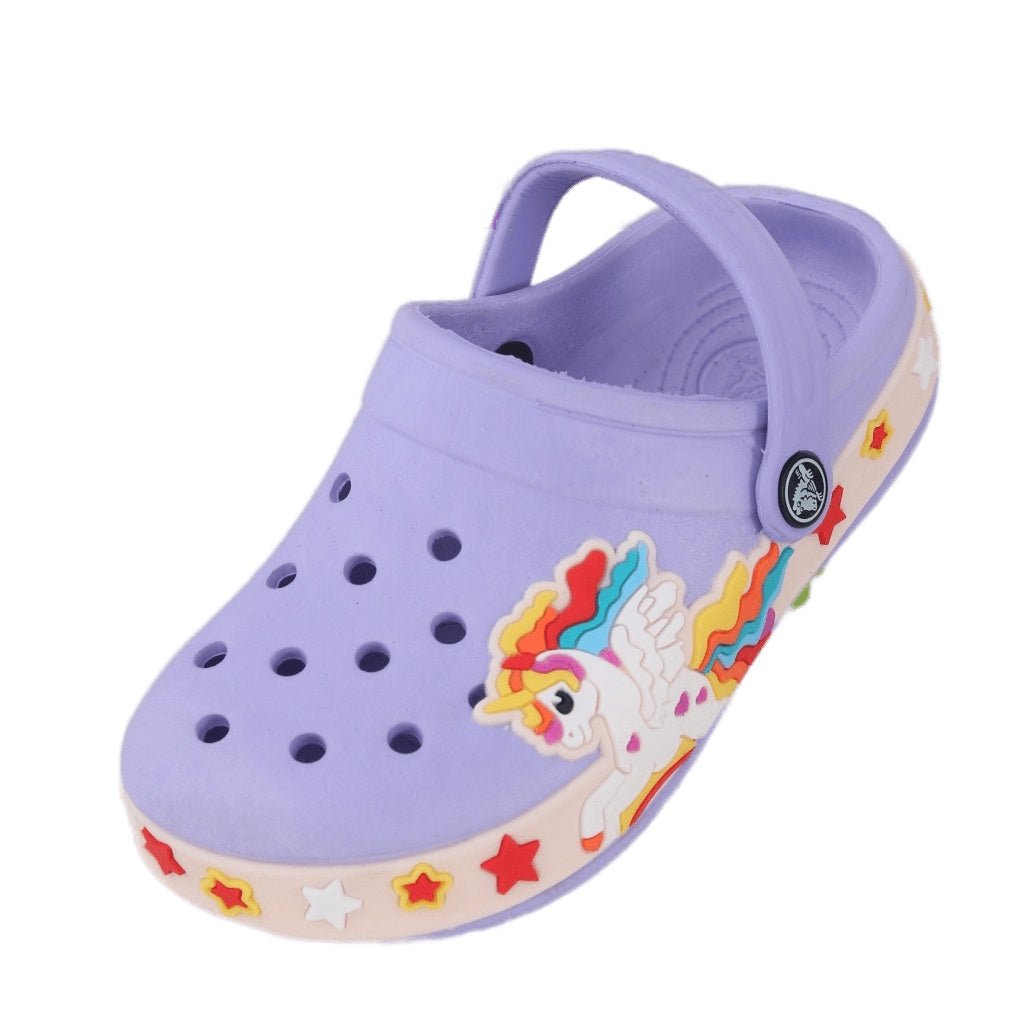 Side view of a child's unicorn clog with a secure strap and charming fantasy design.