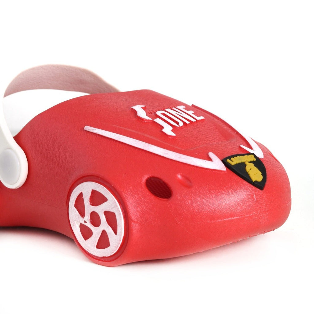 Close-Up of Kid's Red Car Clogs Front Design with Racing Badge and Stripes