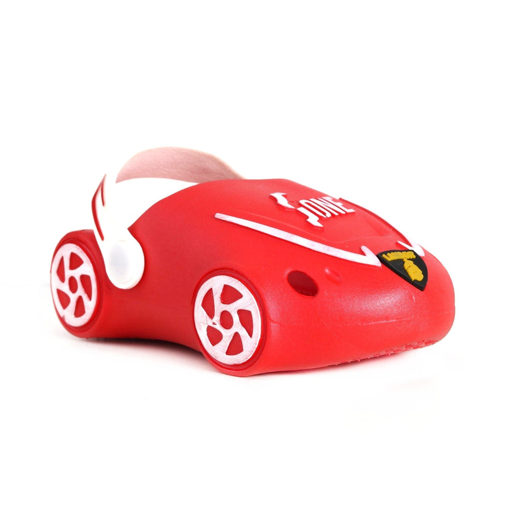 Dynamic Side View of Red Kids' Car Clogs with Cool Racing Details