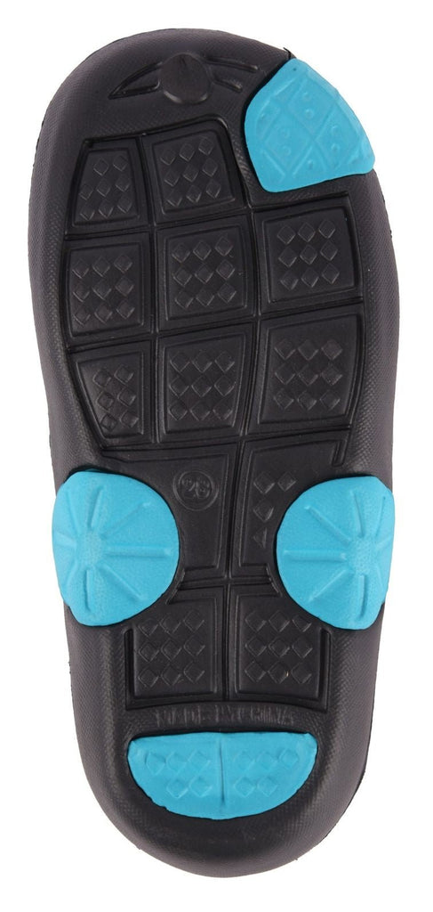 Back view of Raceway Aqua & Black Clogs for Boys, highlighting the sturdy design and playful accents