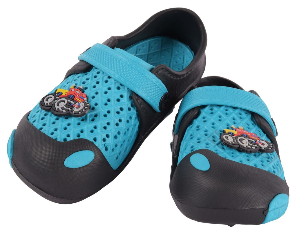 Full view of Raceway Aqua & Black Clogs for Boys by Yellow Bee, showcasing the overall design and fit