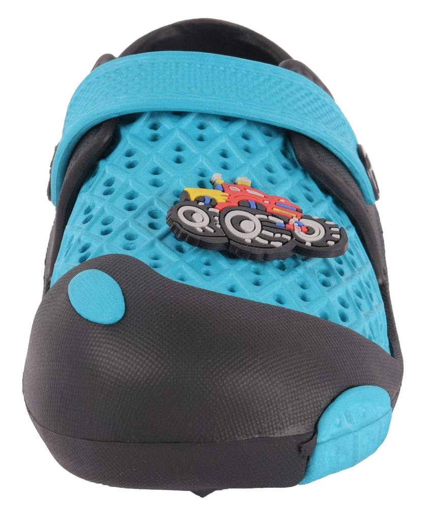 Close-up view of Raceway Aqua & Black Clogs for Boys by Yellow Bee, focusing on the colorful car applique