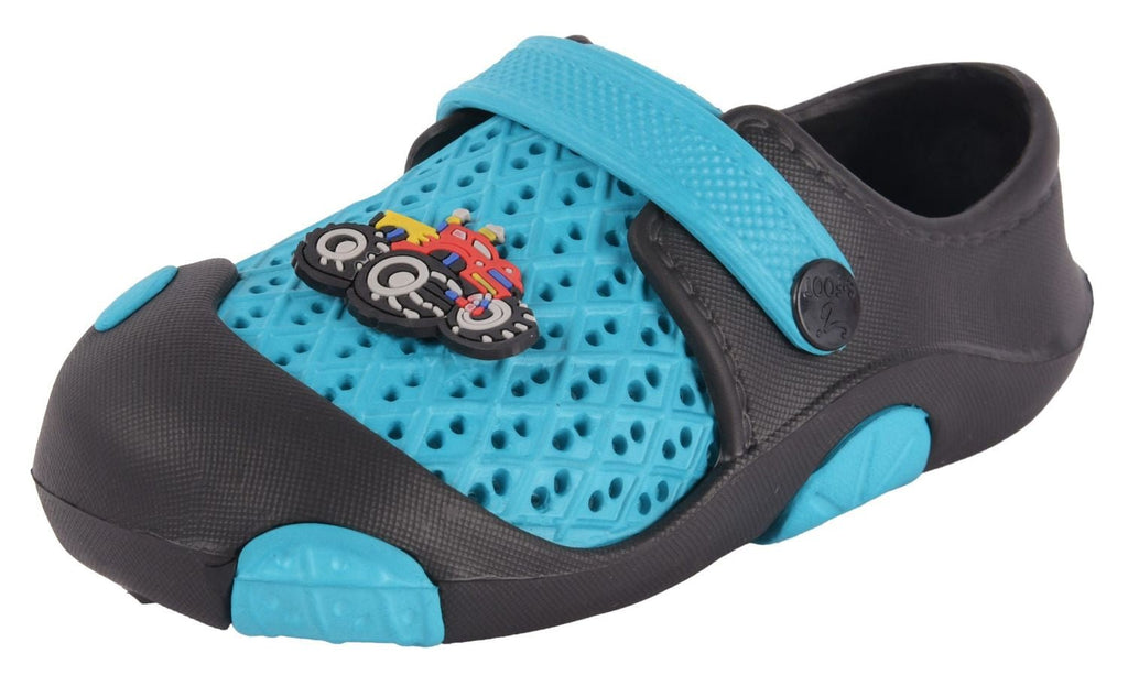 Angle view of Raceway Aqua & Black Clogs for Boys with Car Motif by Yellow Bee