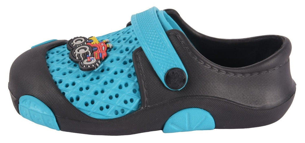 Side view of Raceway Aqua & Black Clogs for Boys by Yellow Bee, emphasizing the anti-skid sole and vibrant colors