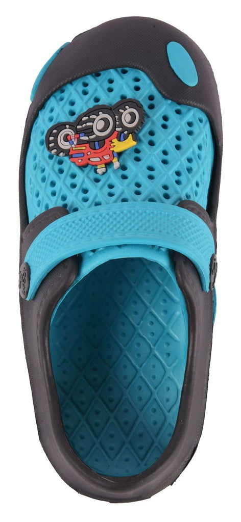 Top view of Raceway Aqua & Black Clogs for Boys by Yellow Bee, showing the breathable design and car motif