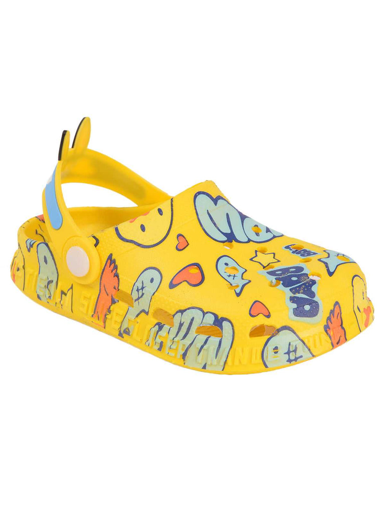 Kids' Yellow Clogs with Colorful Doodle Design and Comfortable Adjustable Heel Strap