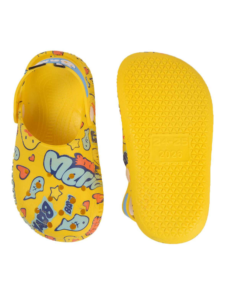 Kids' Yellow Clogs with Colorful Doodle Design and Comfortable Adjustable Heel Strap-bk