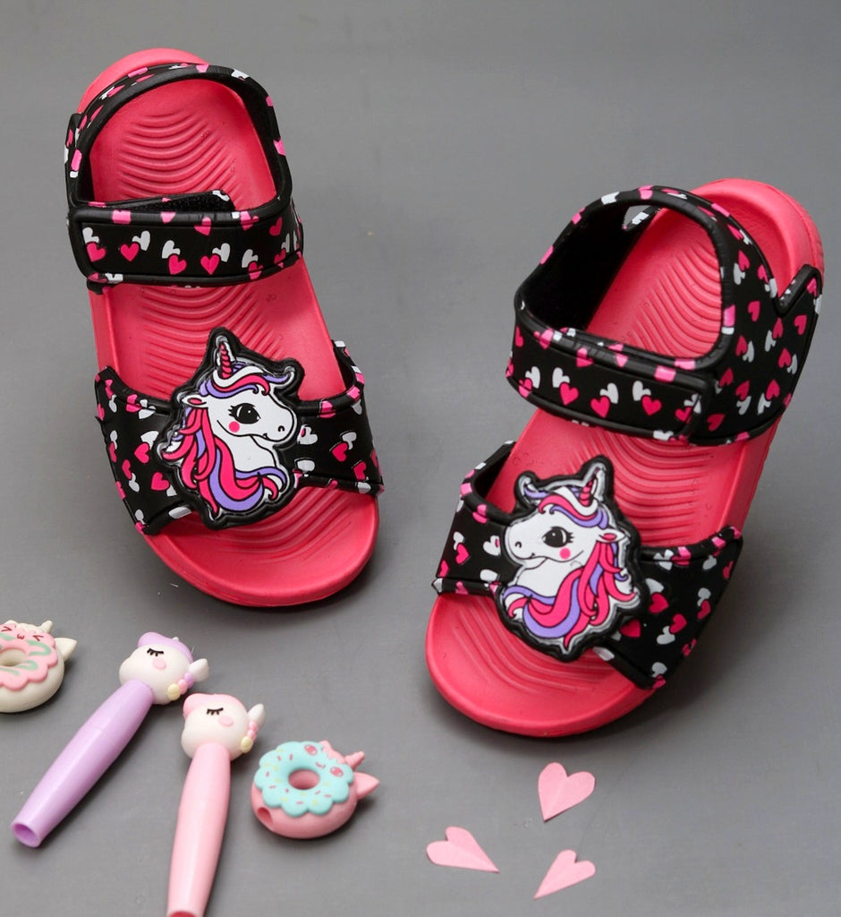 Bright red children's unicorn sandals with  heart-printed straps