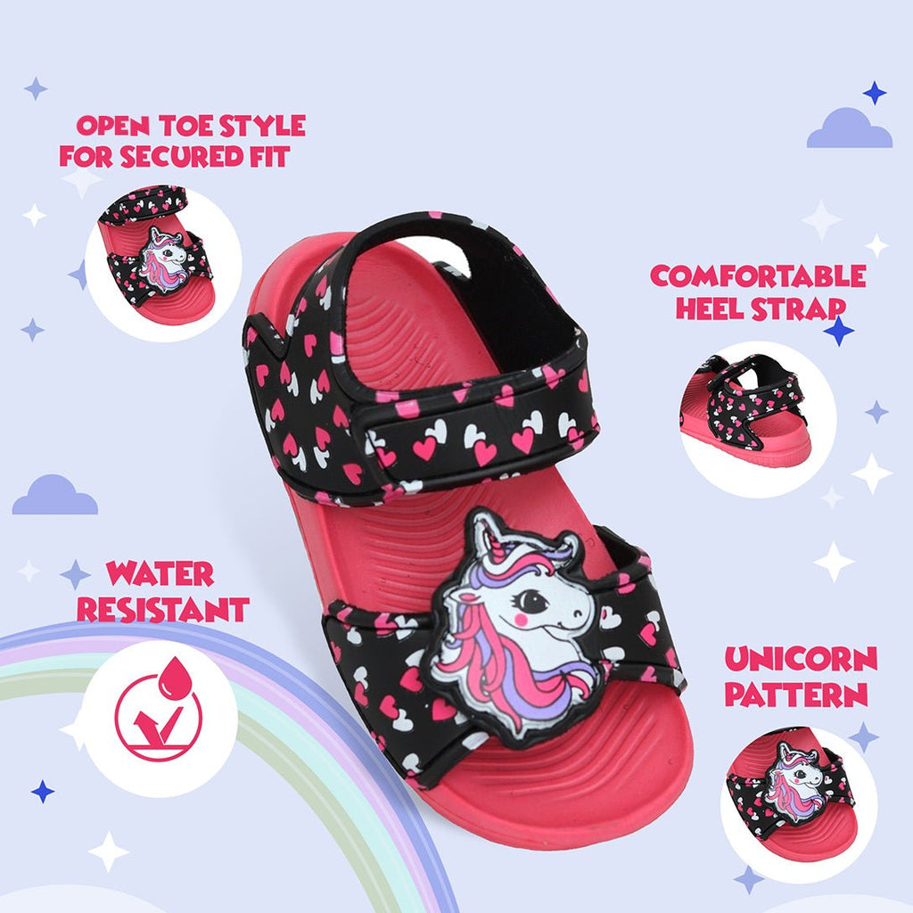 Infographics Side view showcasing the comfortable heel strap and water resistance of red unicorn sandals.