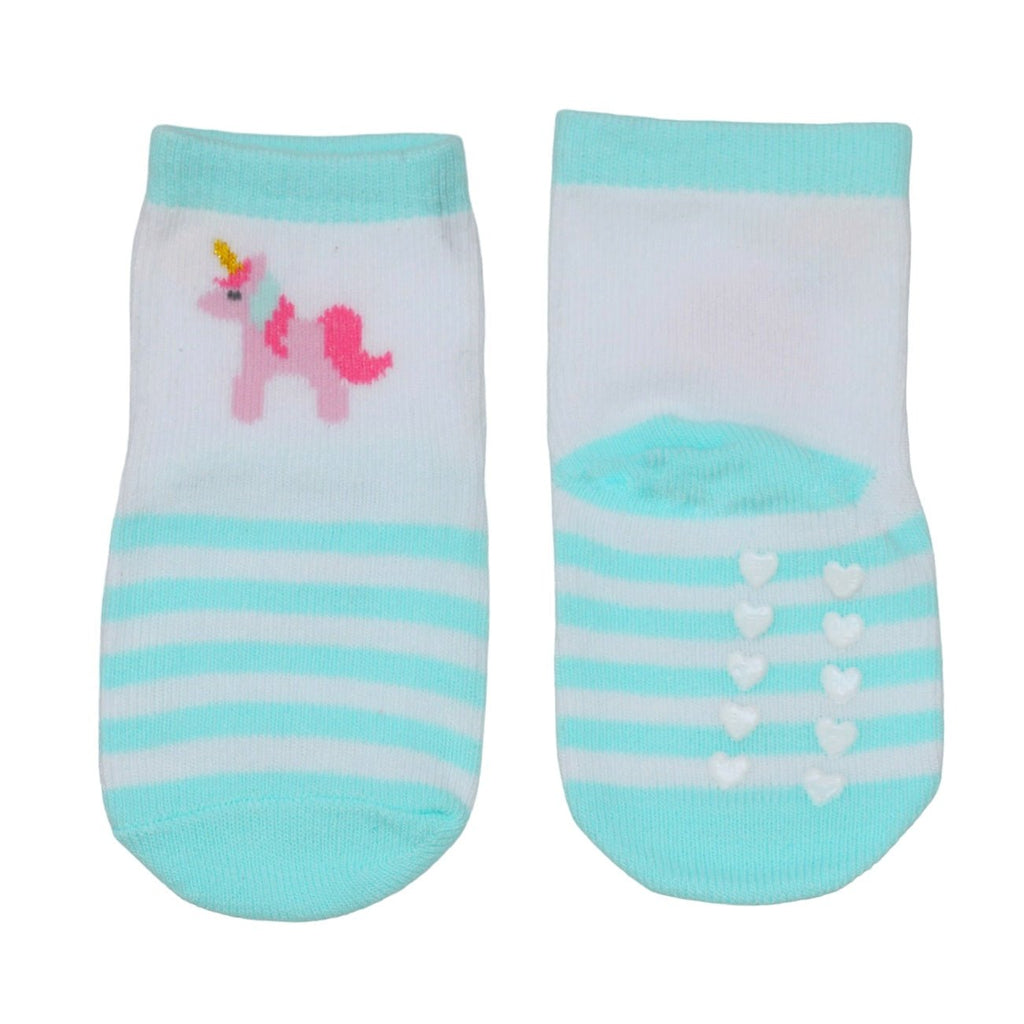 Close-up of girl's pastel turquoise unicorn socks with stripes.