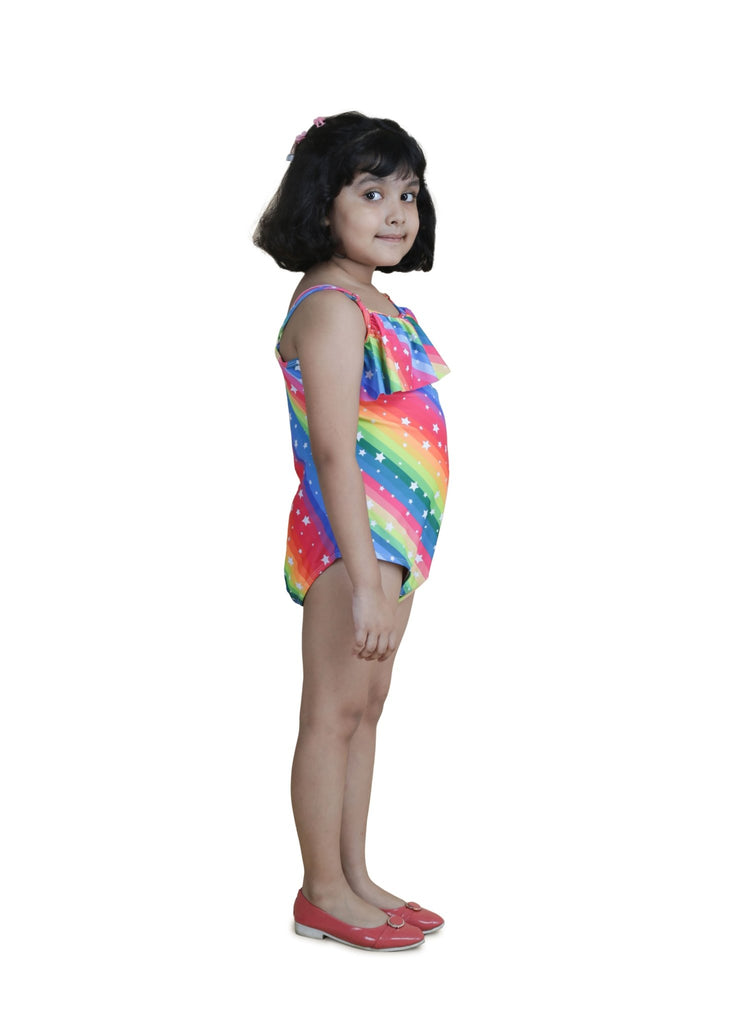 Girl in Rainbow Swimsuit with Ruffle Neckline by Yellow Bee