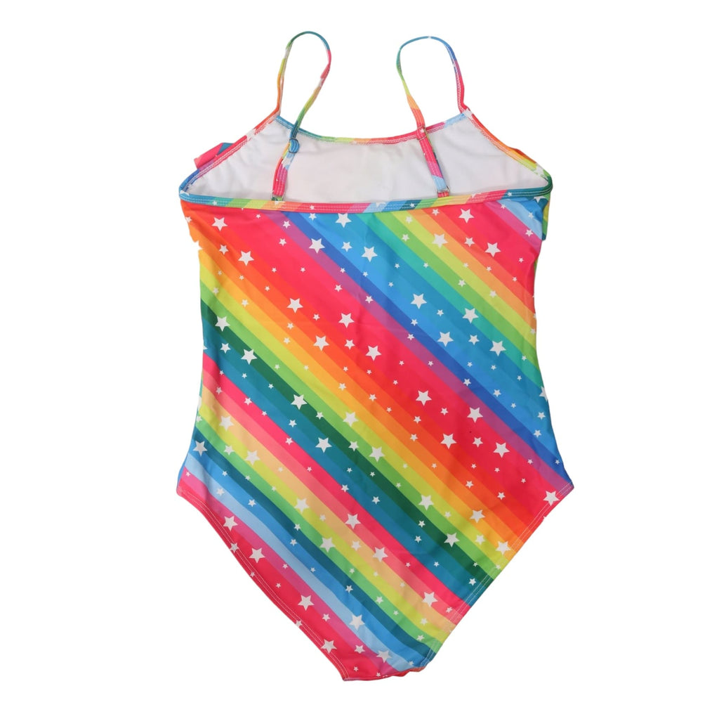 Yellow Bee Rainbow One-Piece Swimsuit with Ruffle Neckline for Girls on White Background