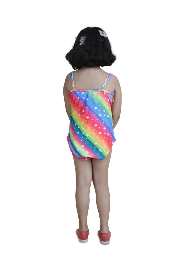 Back View of Girl's Rainbow One-Piece Swimsuit with Ruffle Neckline by Yellow Bee