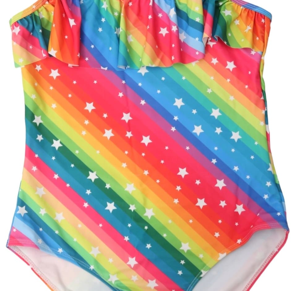 Close-up of the Rainbow Pattern on Yellow Bee's Girls' Swimsuit