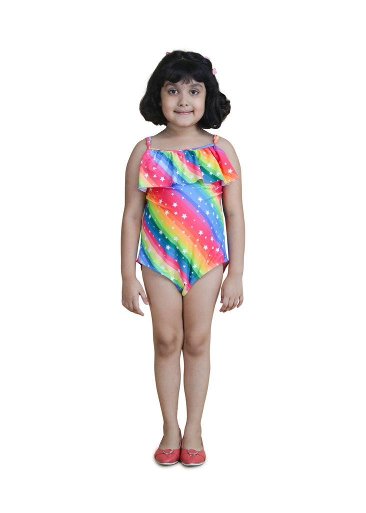 Front View of Happy Girl Wearing Yellow Bee's Rainbow Swimsuit