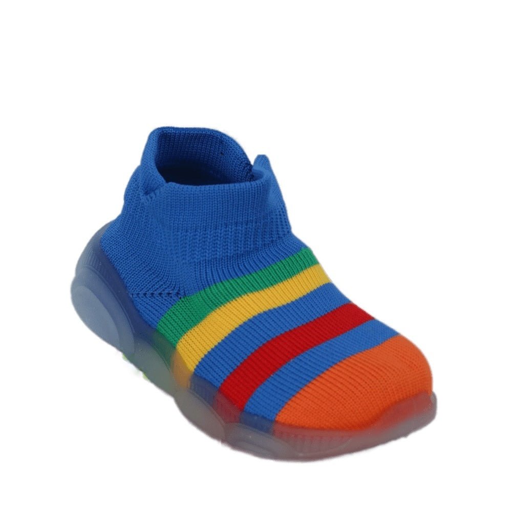 Top view of Yellow Bee's colorful striped shoe socks with anti-skid sole