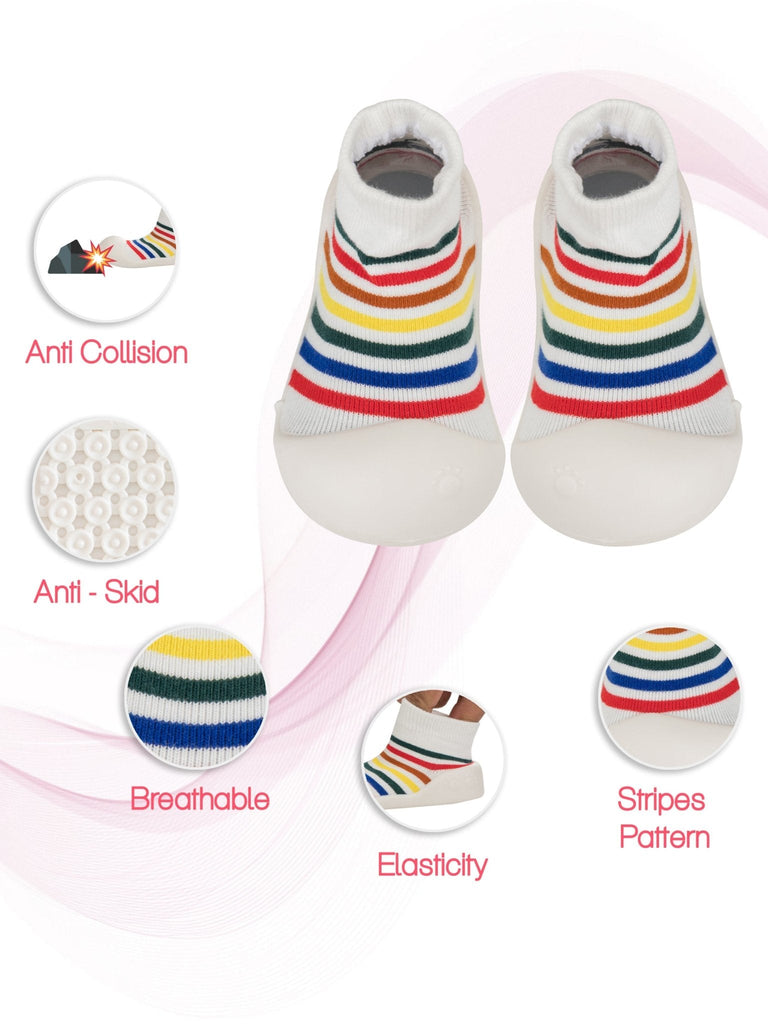 Yellow Bee's colorful striped shoe socks display features like anti-skid and breathability