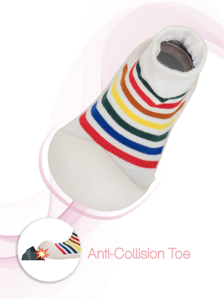 Top view of Yellow Bee's Rainbow Striped Shoe Socks highlighting the anti-collision toe feature