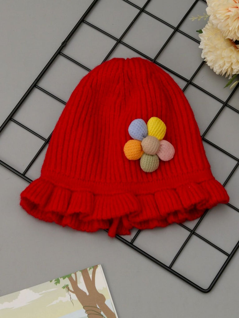 Eye-Catching Red Winter Hat with Flower Detail for Girls