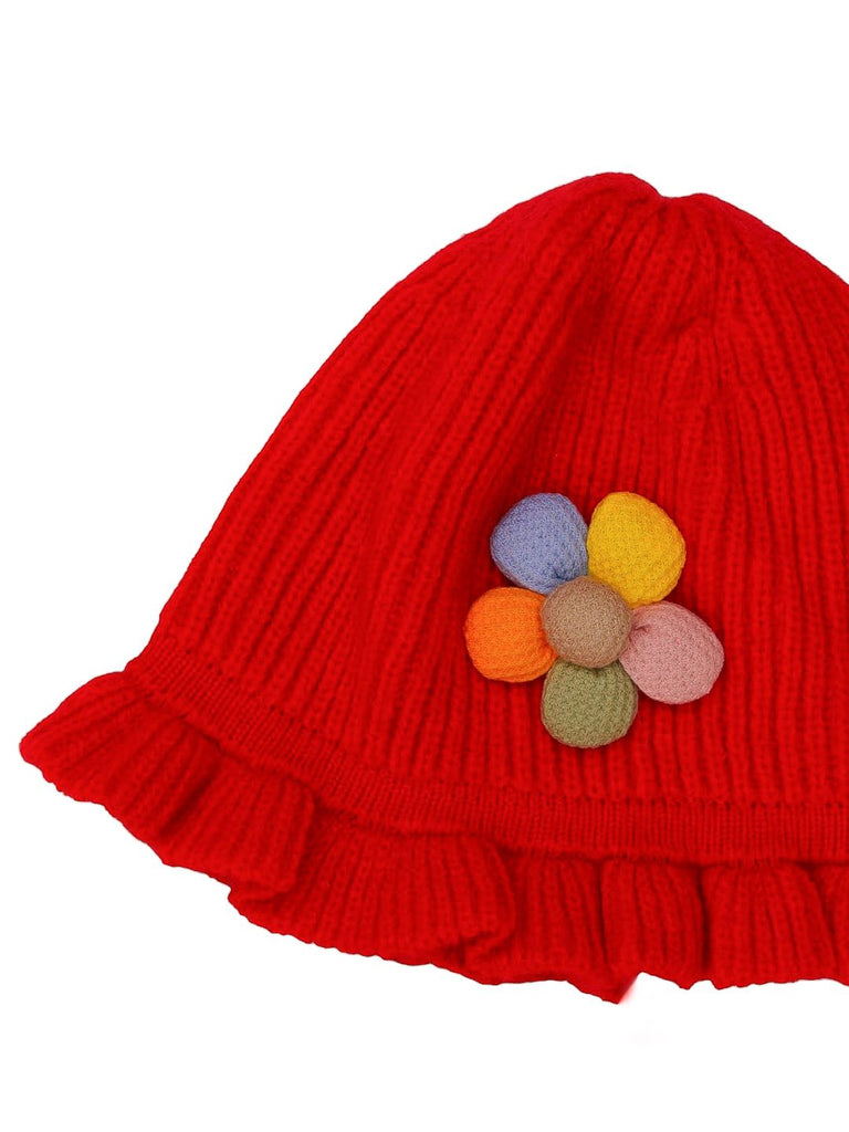 Close-up of Red Knitted Girls' Cloche Hat with Decorative Flower Top View