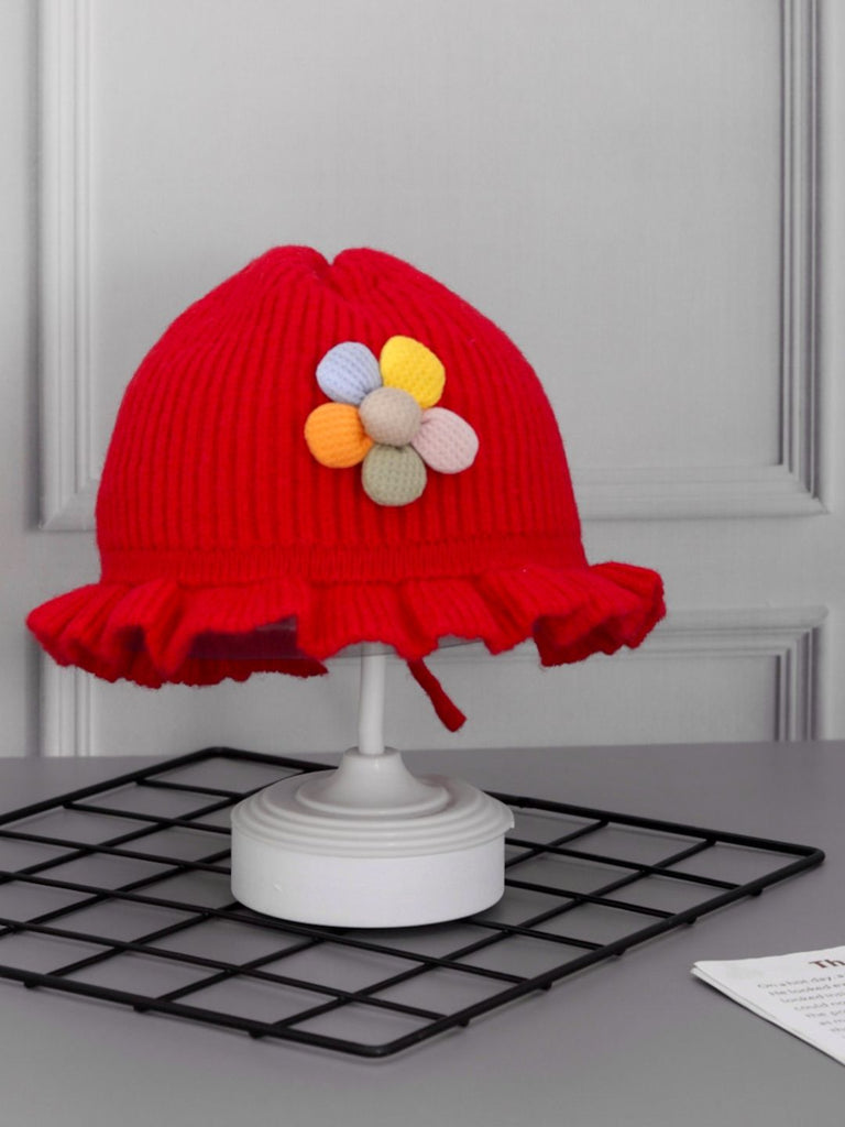 Bright and Cheerful Red Knitted Cloche Hat with Flower for Young Girls