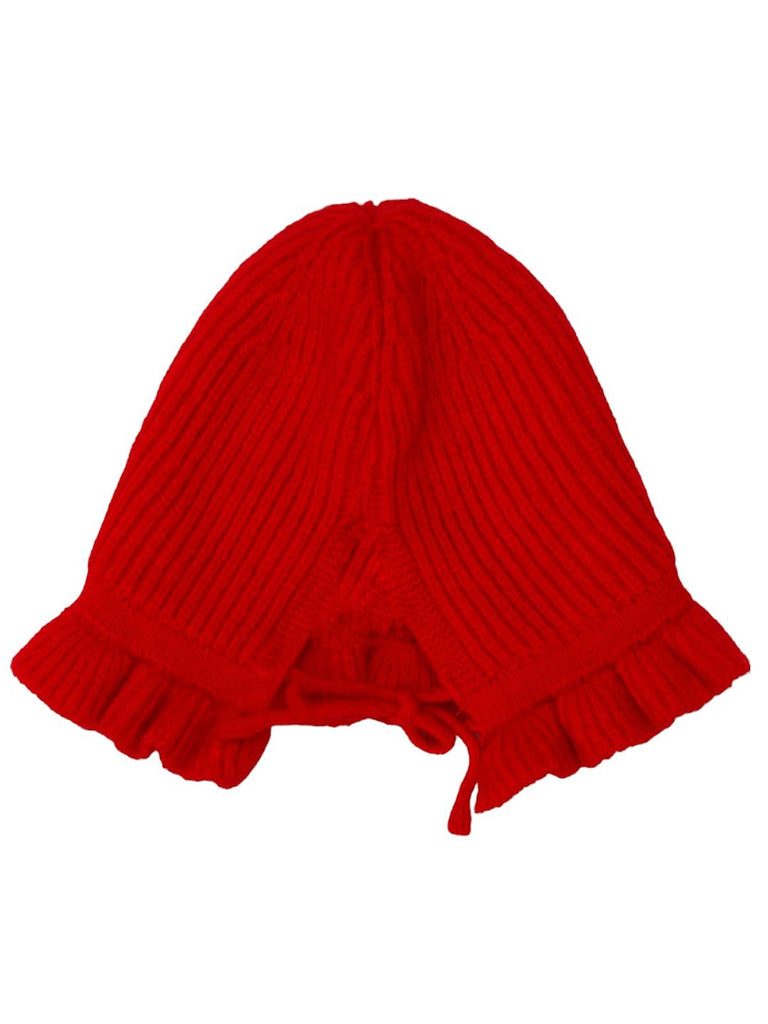Vibrant Red Hat with Colorful Knitted Flower for Girls on a Wire Rack Background