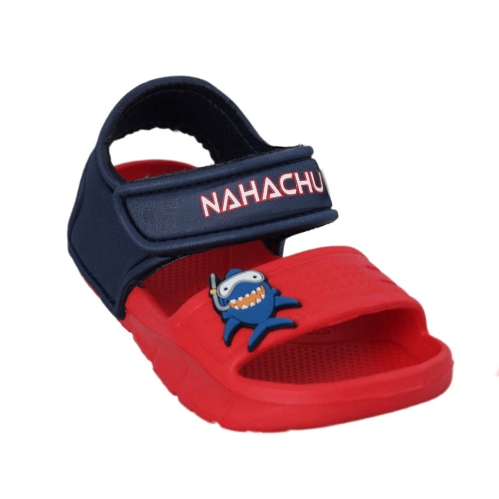 Single Red Shark Sandal with adjustable navy strap and cute shark detail