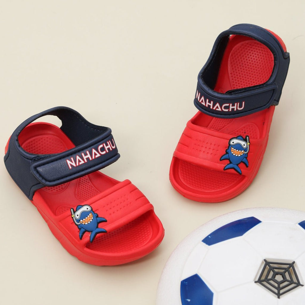 Kids' Red Shark Sandals with playful shark character and navy blue straps