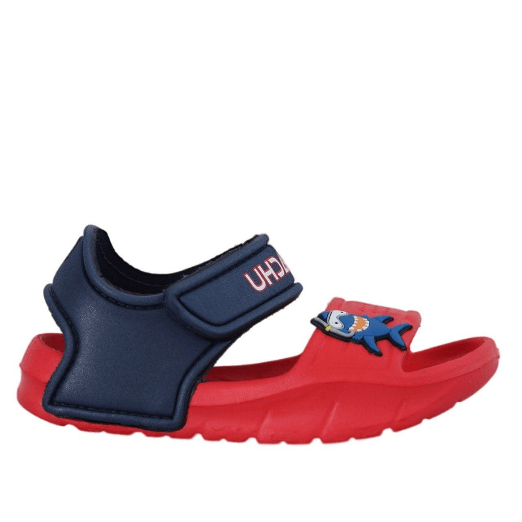 Angled view of Red Shark Sandals showing the shark emblem and comfy insole