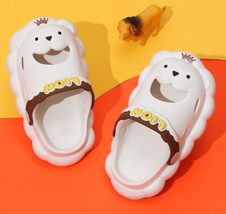 Cheerful White Lion Kids' Clogs on a Vibrant Background with Toy Companions
