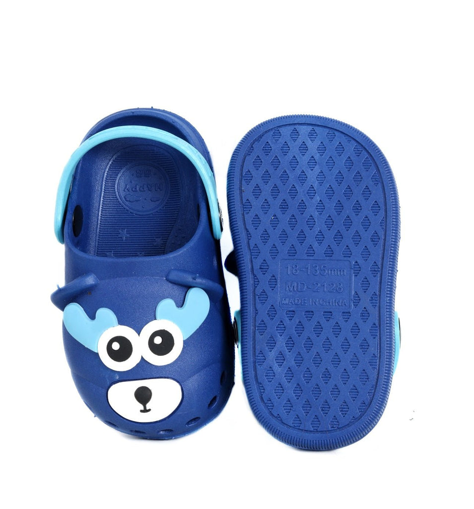 Blue Reindeer Clogs for children showcasing the sole pattern for grip and safety