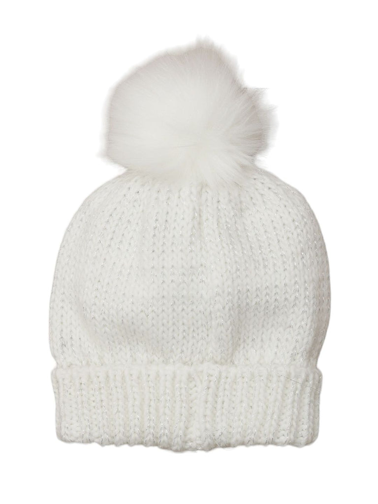 Back view of a white knitted beanie with pom-pom, emphasizing the plush texture and snug fit.