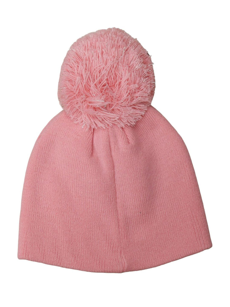 Back view of the pink hat with pom-pom, highlighting the snug fit and knitted pattern.