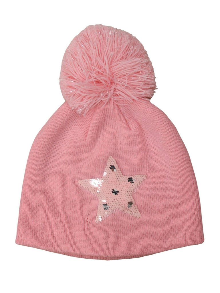 Front view of the girls' pink pom-pom hat showcasing the reversible sequins star design.