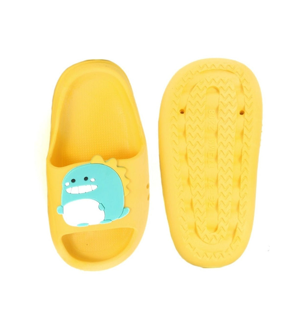 Top and bottom view of the yellow dino slides showing the grippy sole and cheerful design