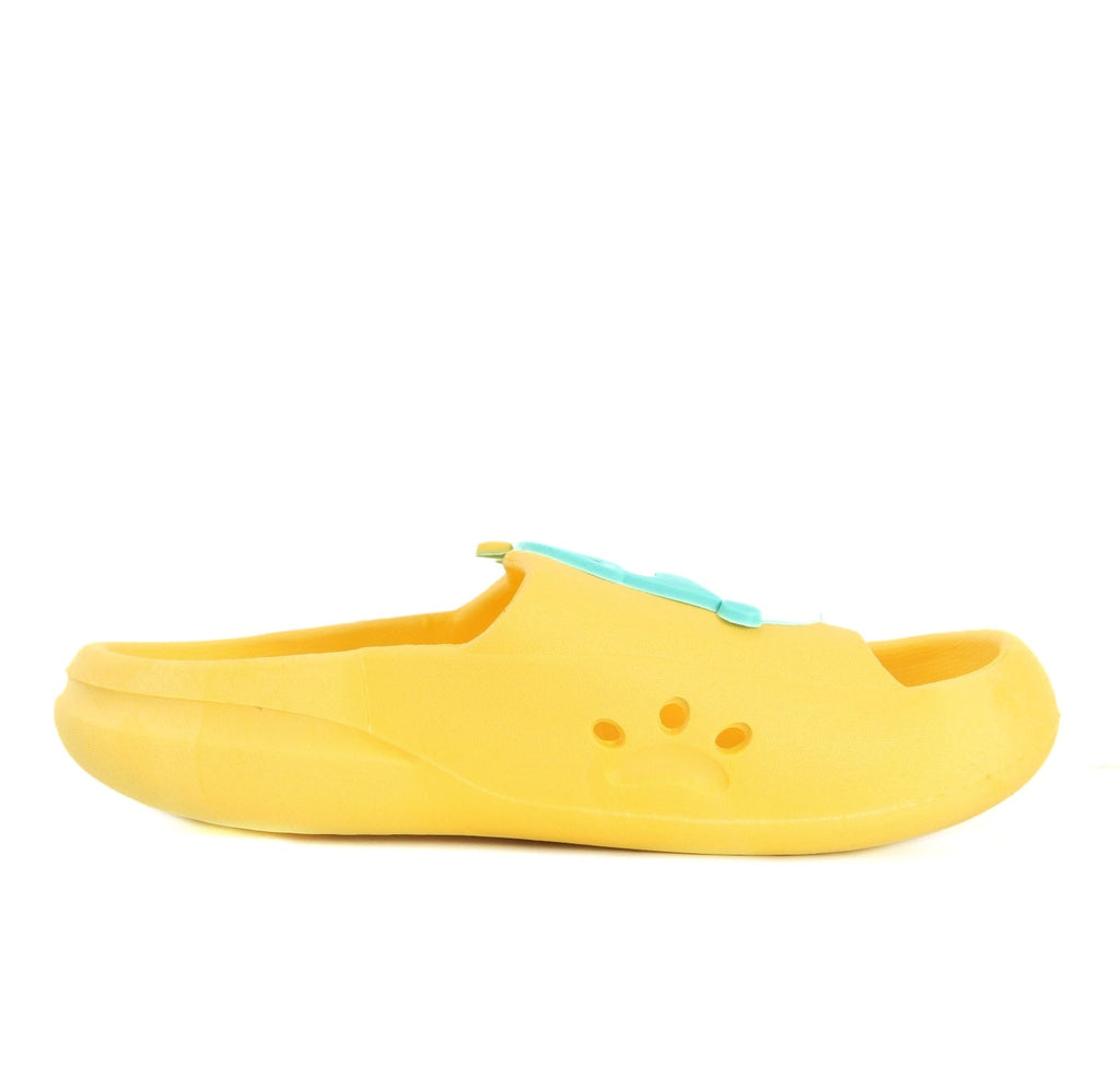 Side view of kid's yellow slide with dinosaur detail, showcasing the thick and comfy sole.