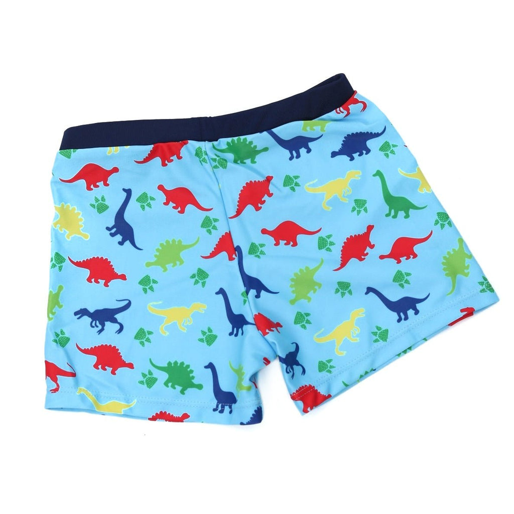 Yellow Bee boys' swim trunks with a bright dinosaur motif, showcasing comfortable fit and cheerful design