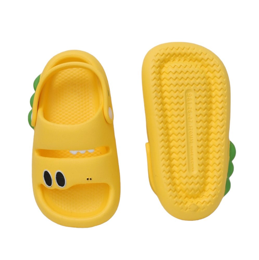 Top and sole view of yellow dino sandals, focusing on the tread pattern and fun dino features.