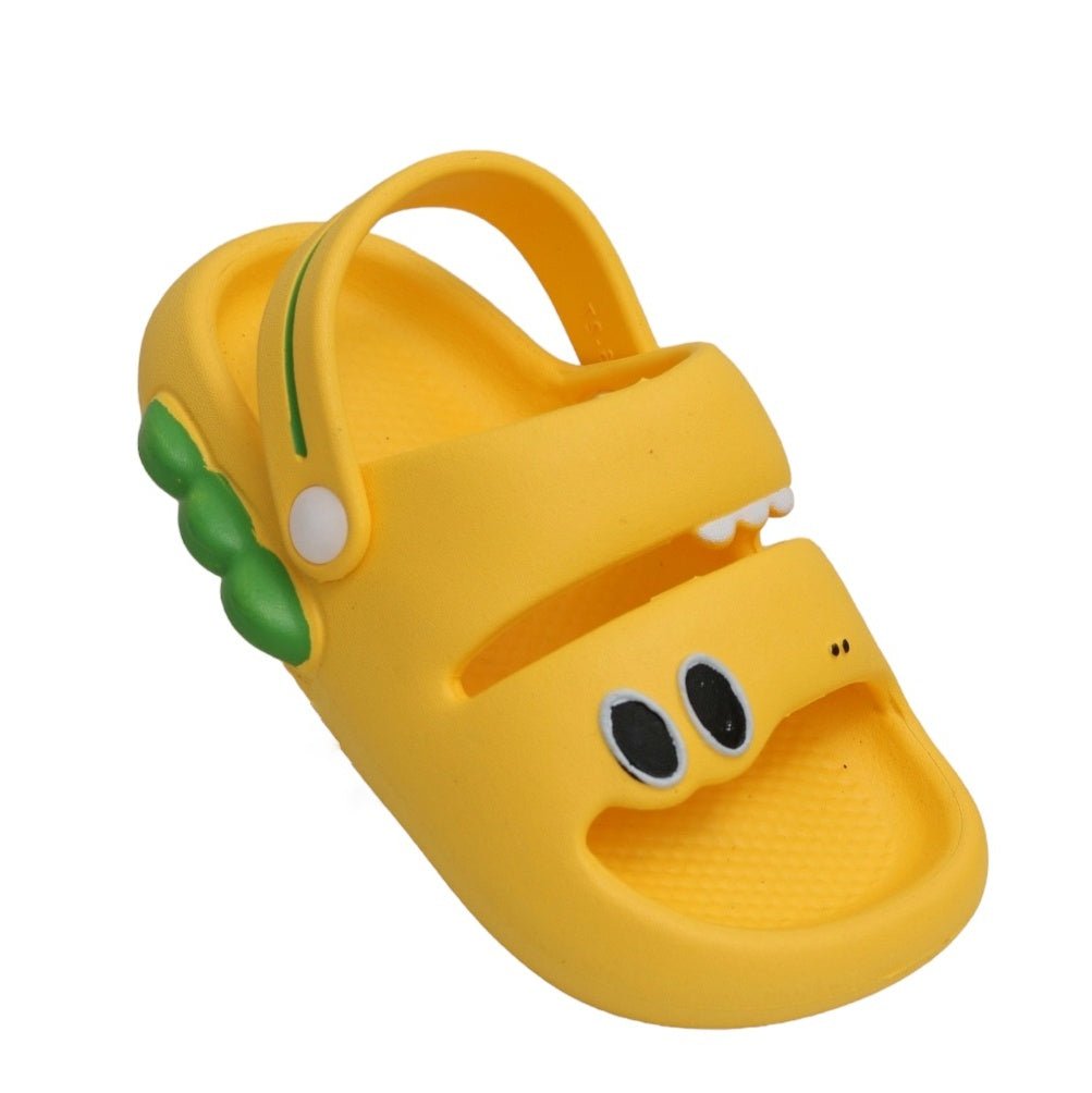 Single yellow dino sandal at an angle, emphasizing the green scales and comfortable strap.