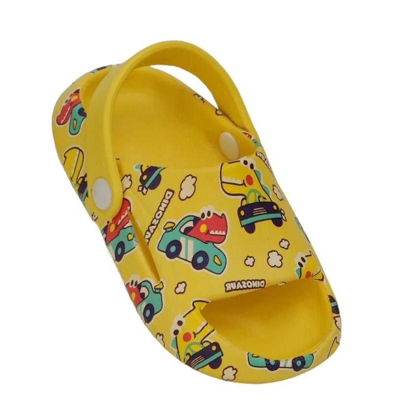 Cheerful yellow kids' sandals showcasing a colorful print of dinosaurs driving cars