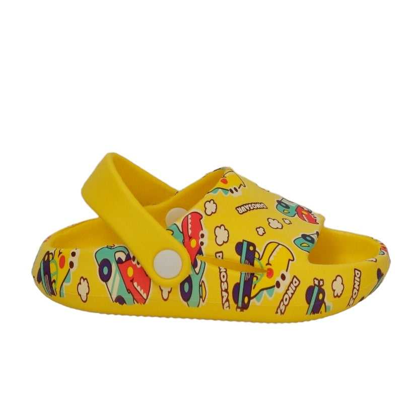 Side angle of playful kids' dino car print sandals in striking yellow