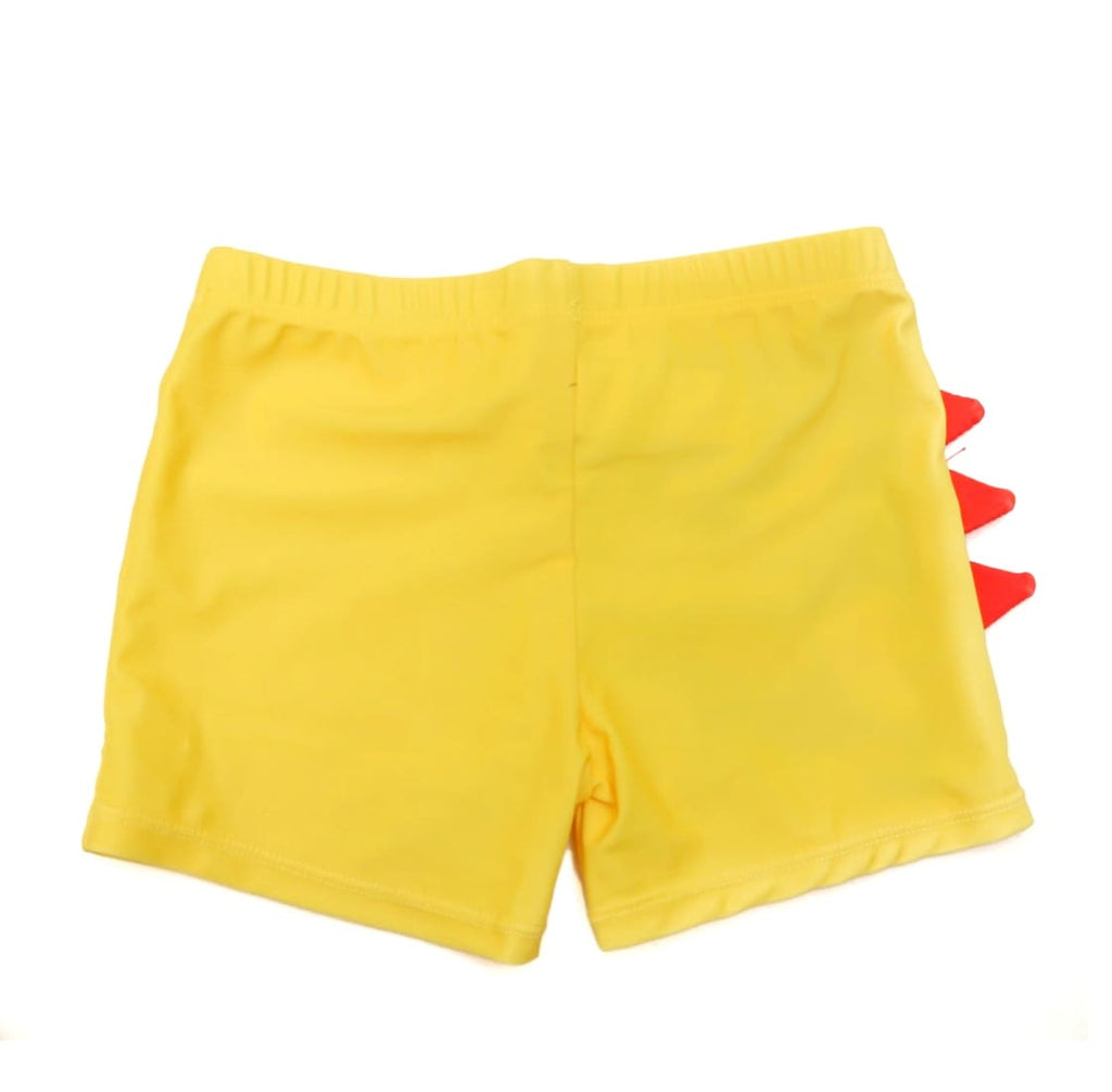 Back view of yellow swim shorts with playful blue dinosaur fin detail for boys