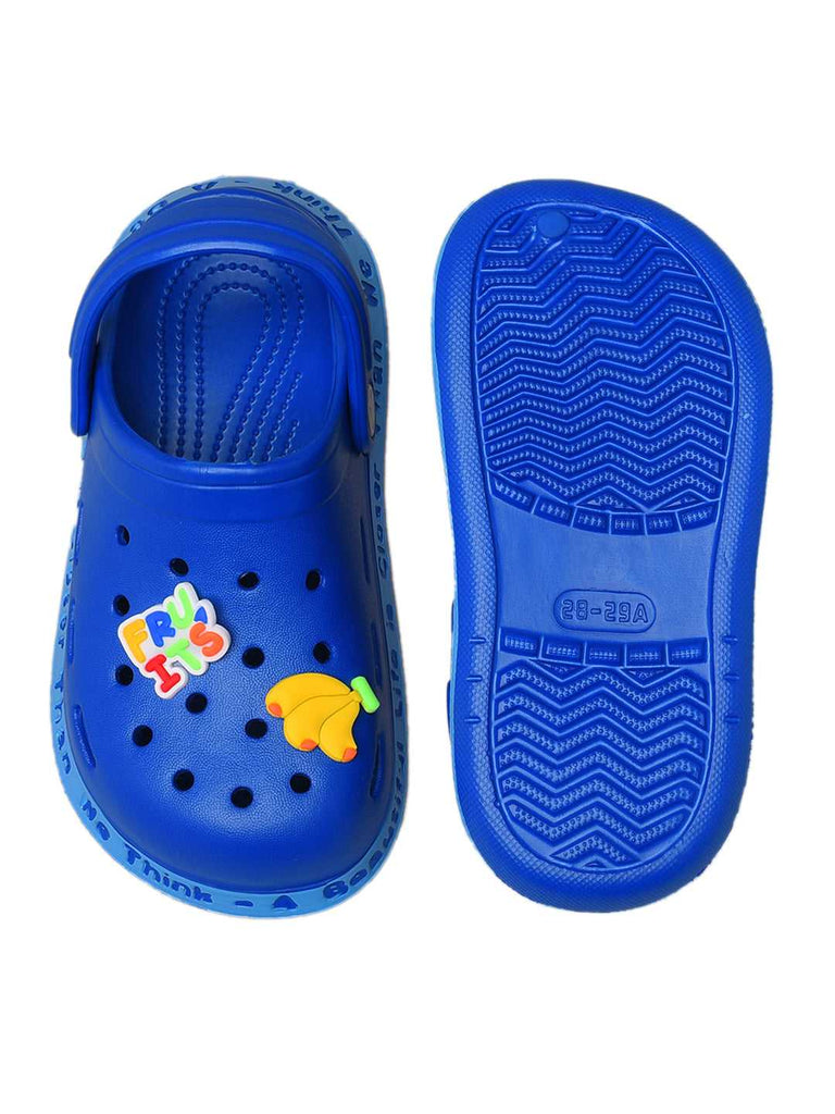 Royal Blue Kids' Clogs with Colorful Fruit and Monkey Design on Top and Comfortable Heel Strap